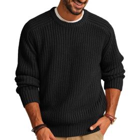 Men's Solid Color Long Sleeve Round Neck Fashion Sweater Loose Retro Sweater (Option: Black-S)