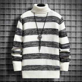 High-neck Men's Autumn And Winter Long-sleeved Trendy Slim Striped Sweater (Option: White-M)